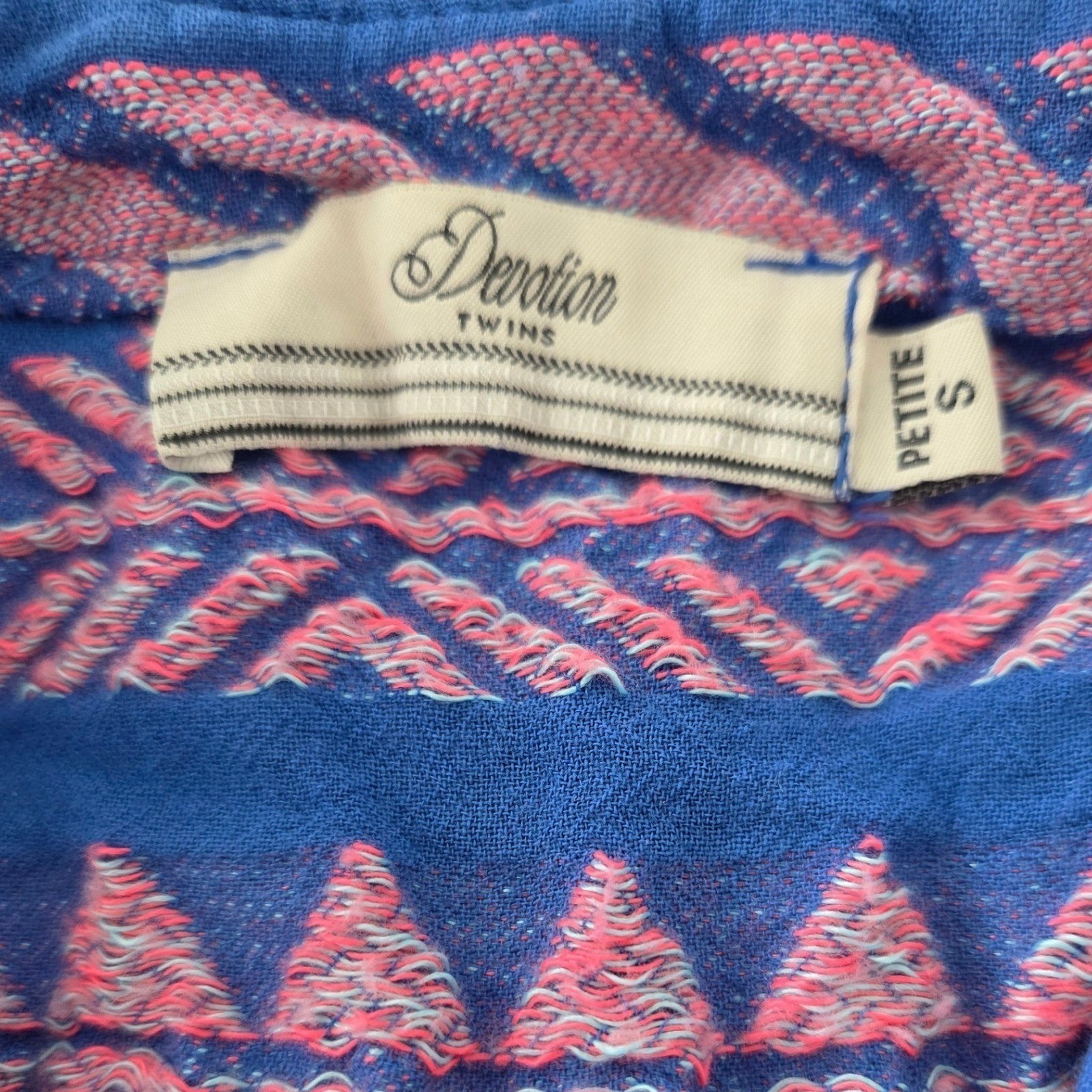 Devotion Twins Anthro Blue Pink Geometric Woven Tier Bell Sleeve Mini Dress Sz S