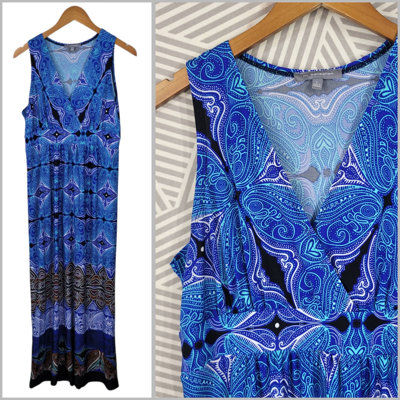 NY Collection Dress Maxi sundress Large long Blue Paisley Kaleidoscope Stretchy