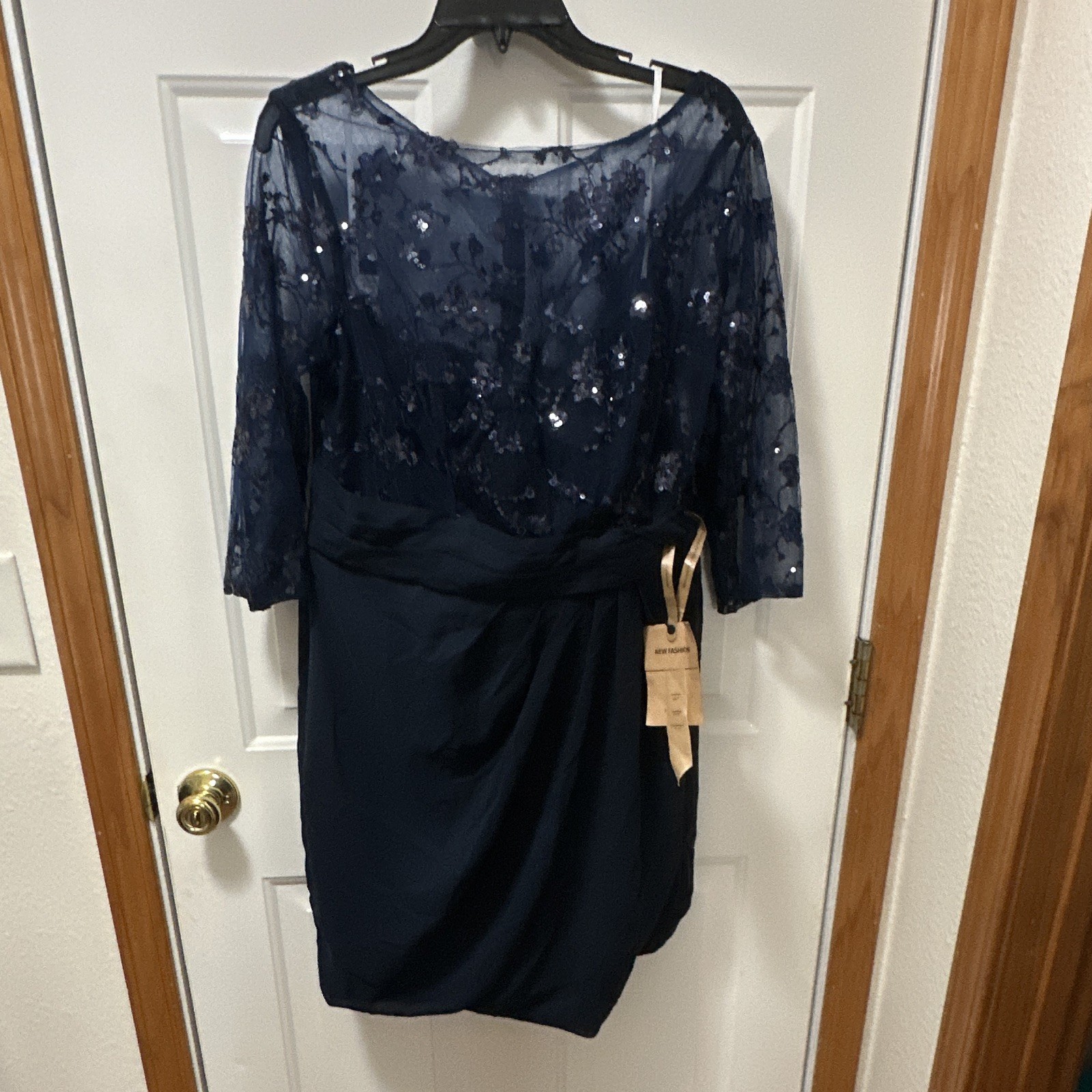 Blue Plus Size 16W Knee Length Chiffon Boat Neck Long Sleeve Sequin Dress