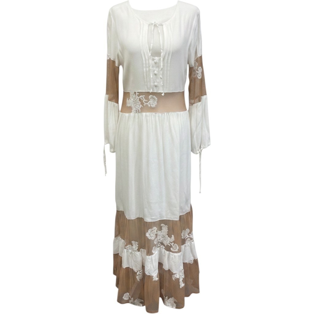 For Love & Lemons Cream Lace Mesh Tiered Boho Midi Dress Medium NEW