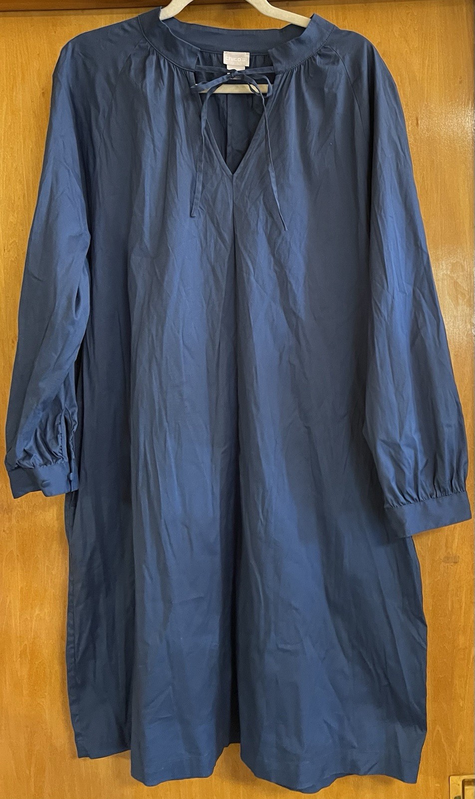 Chico’s Dress Womens 3 US 16/18 Blue Tunic Shift Dress, V Neck & Tie, Stretch