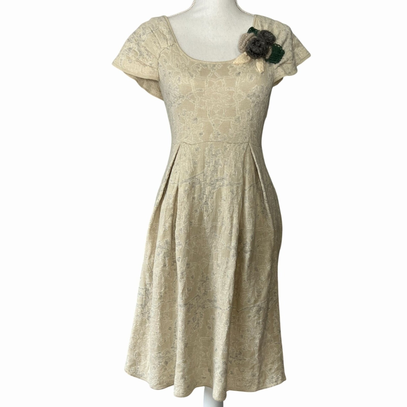 Anthropologie Moth Fit N Flare Dress Womens XS Beige Knit Boho Cottagecore