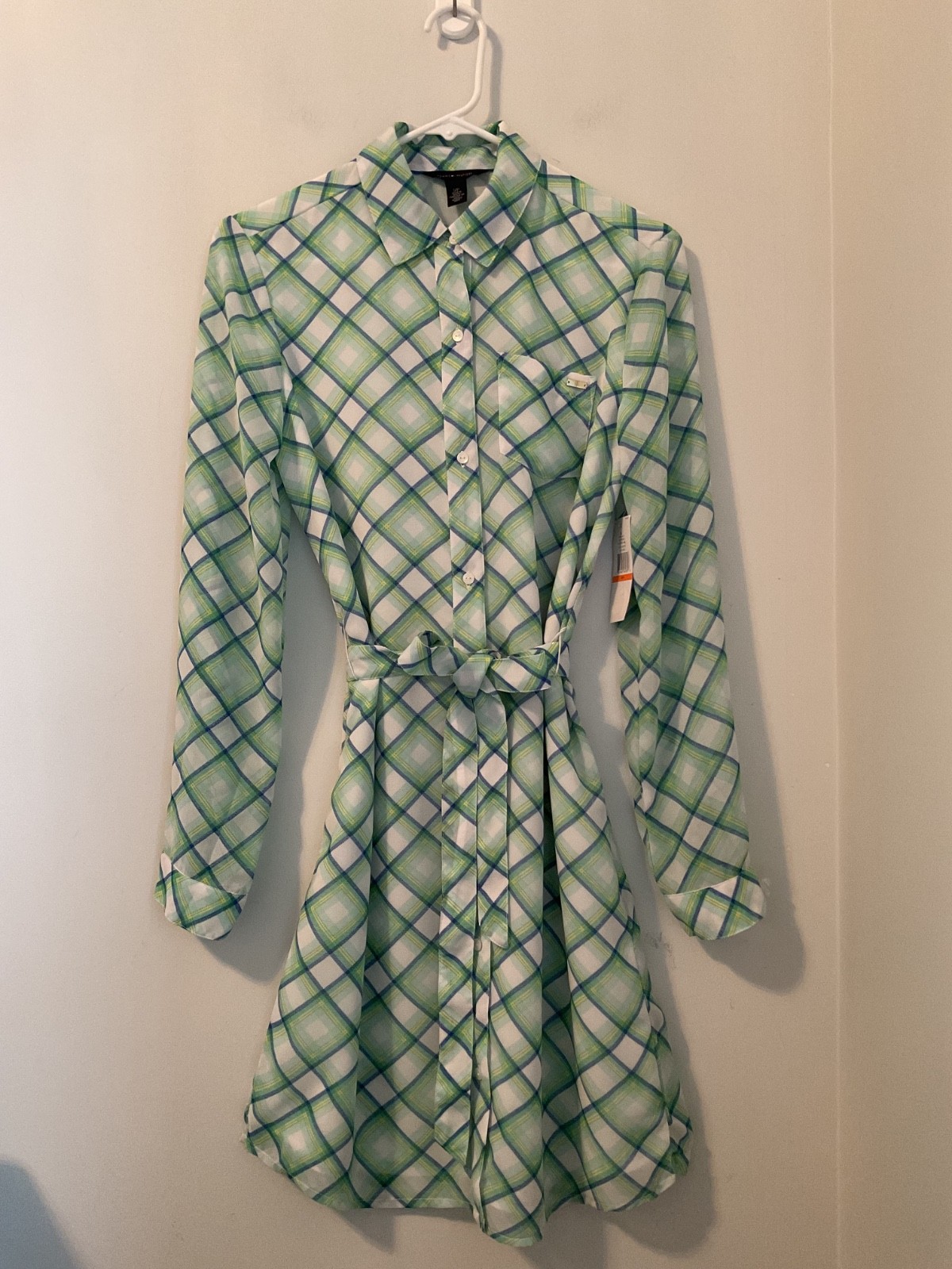 Tommy Hilfiger Green Blue Piaid Long Sleeve Button Down Dress Women’s Sz S/P NWT