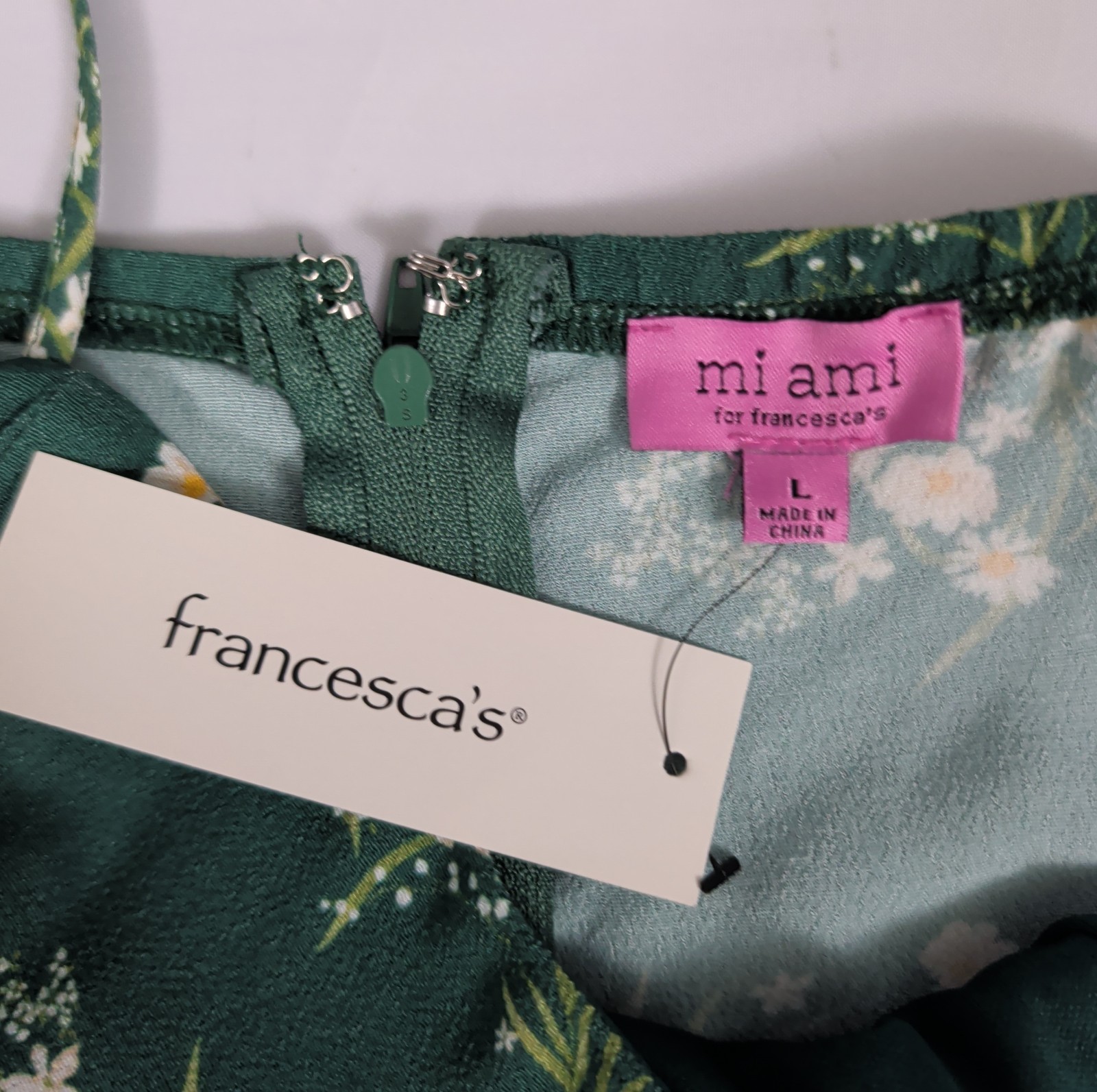 Mi Ami Size Large Green Floral Lined Back Zipper Sleeveless Sundress NWT!