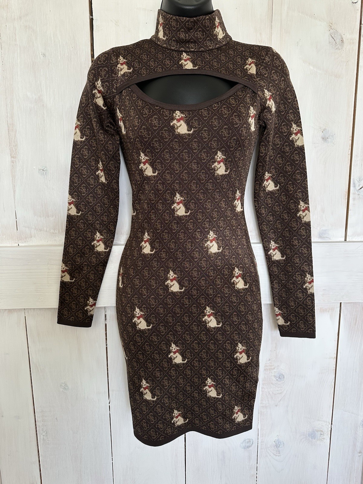 Brandalised Banksy Graffiti Cat Monogram Cutout Mock Neck Mini Dress Brown XS