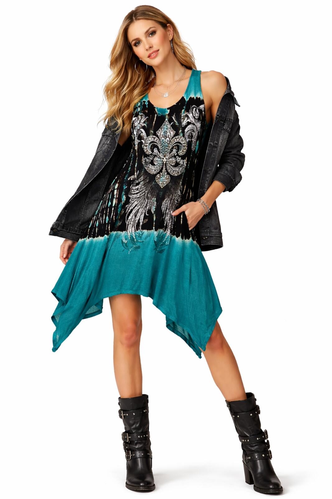 Vocal USA Y2K Graphic Tank Dress Fleur De Lis Rhinestone Asymmetrical Hem Sz L