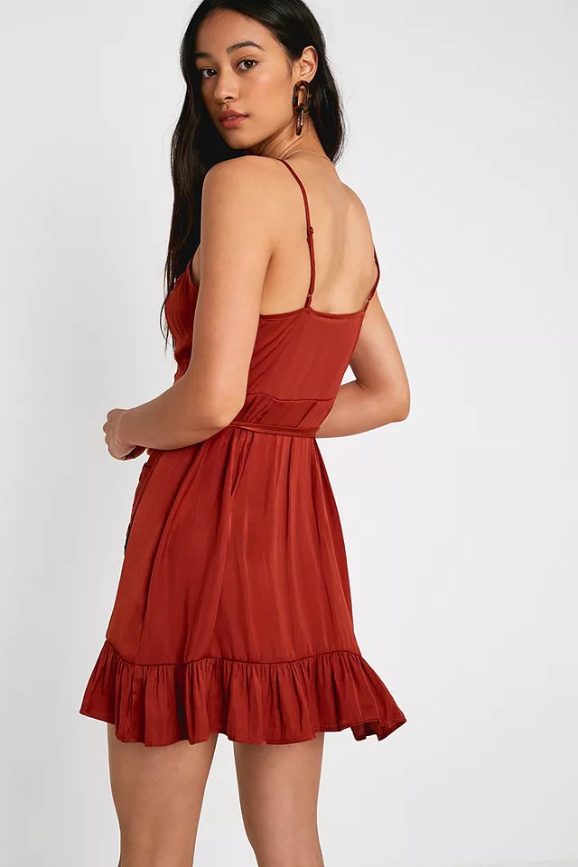Free People All My Love Shine Mini Wrap Slip Dress Size Large Tan Brown NWT