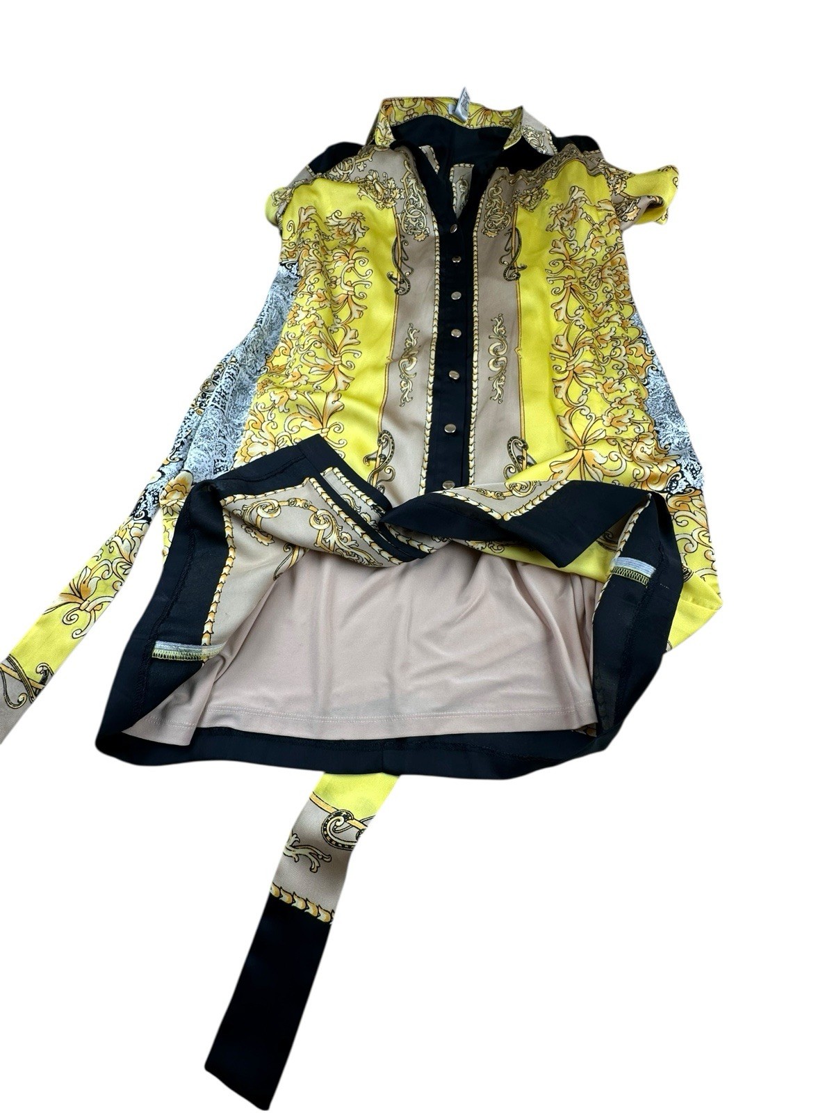 Cache Baroque Scarf Print Button Front Shirt Dress Tunic Yellow Black Belted 14