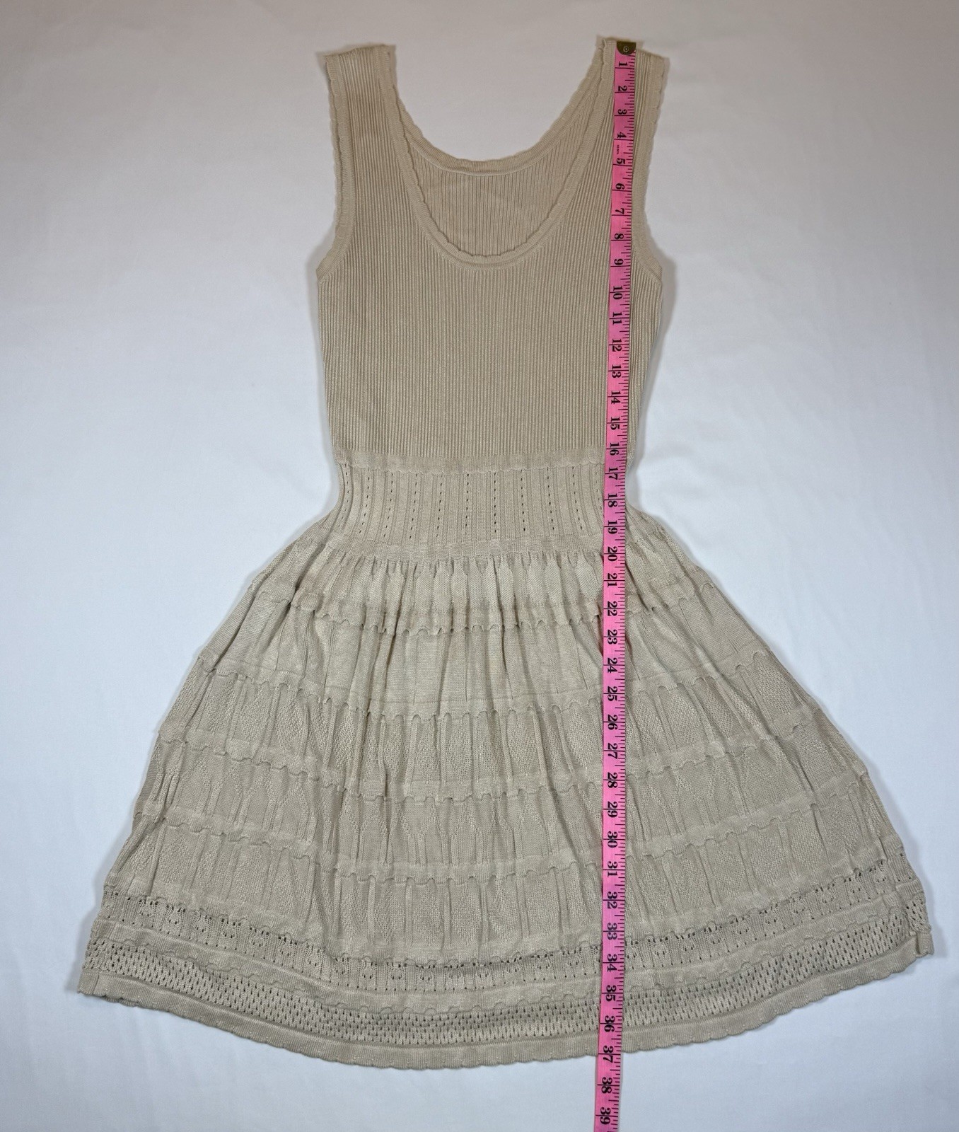 Fisoew Mini Dress Casual Knitted Crochet Hem Flowy Tank Sundress, Khaki, Size L