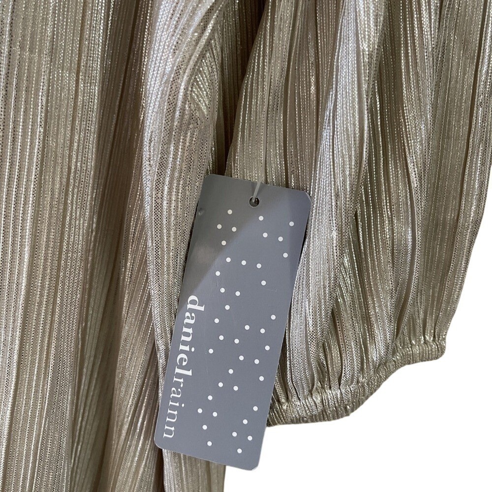 Daniel Rainn Silver Metallic Plisse Long Sleeve Tie Back Shift Dress XXL NWT