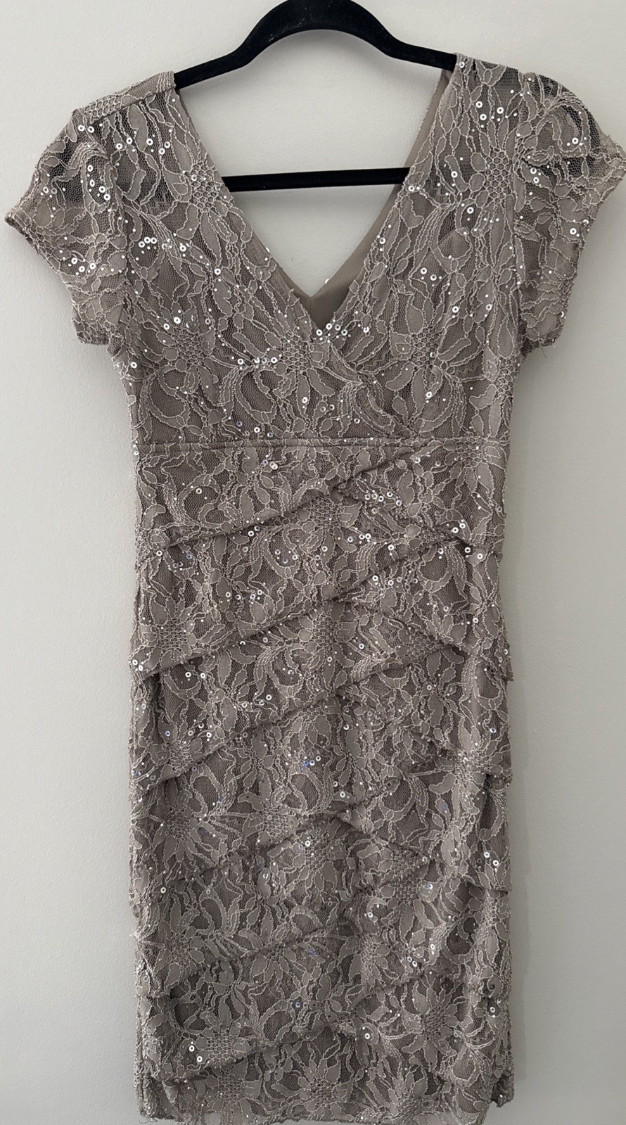 Scarlet sequin tan dress size 6. Flattering front folds and V-neck cut. Holiday