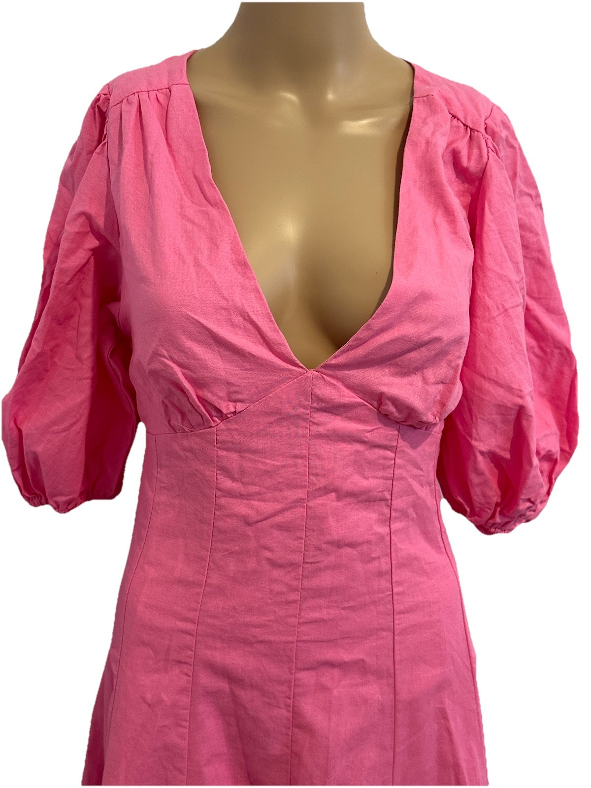All About May Womens Pink Linen Midi Dress Back Cut Out Puff Sleeve Size 10 New