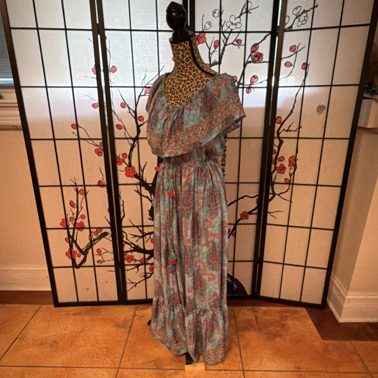 NWT Crème Bohème Silk Blend Maxi Dress Blue Paisley Off Shoulder Ruffle Bohemian
