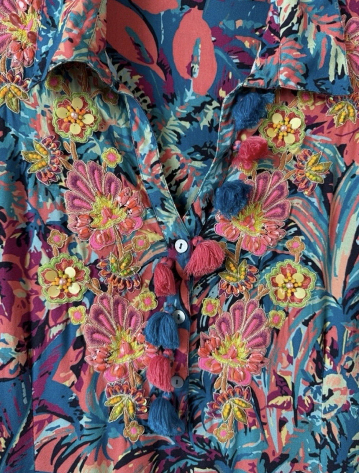 Soft Surroundings Florence Tropical Dress 1X Embroidered Floral Beaded Boho