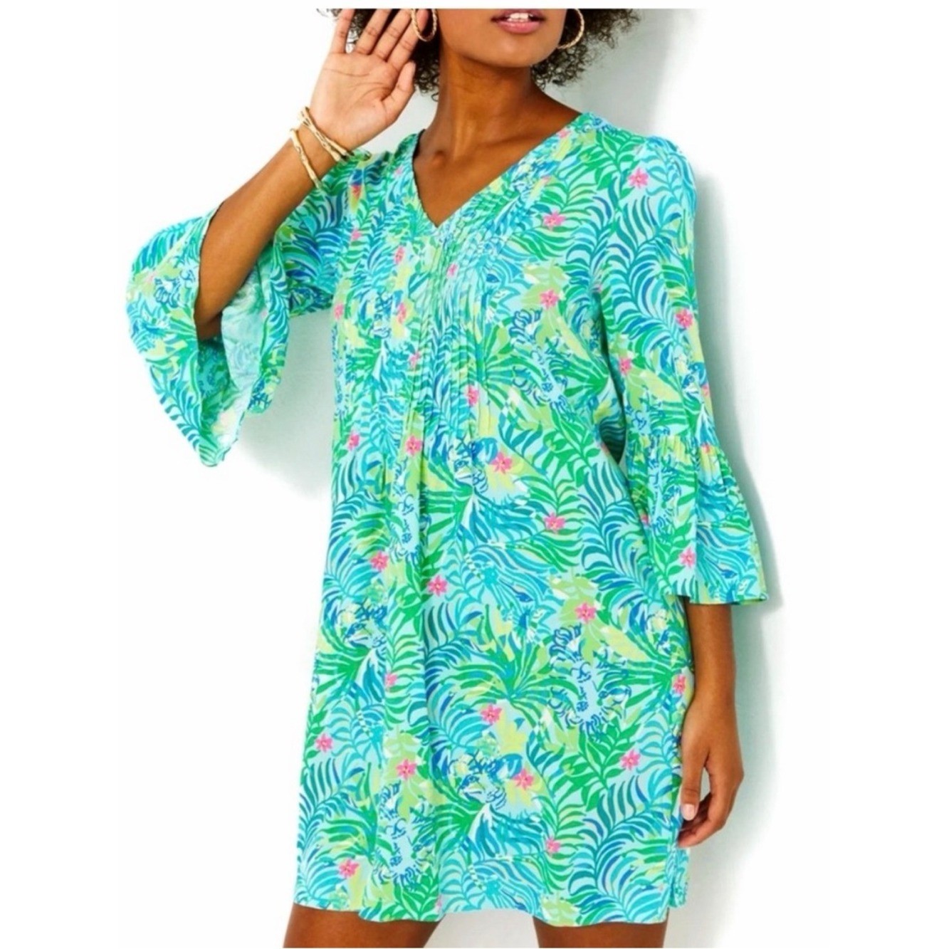 Lilly Pulitzer Danika Tunic Dress Size 10 Green Tropical Bell Sleeve Costal