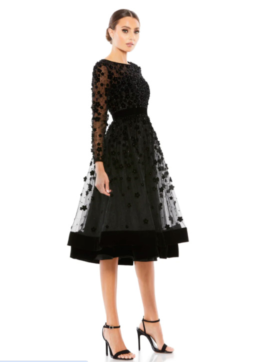 MAC DUGGAL 67007D Black Floral 3D Luxe Velvet Sheer Long Sleeve Tea Dress 10 US