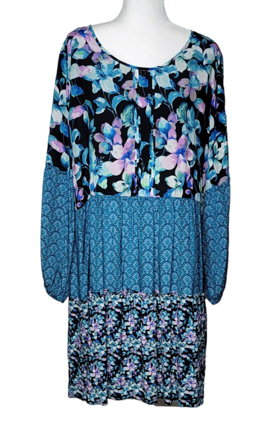 Soft Surroundings 2XL Night Bloom Dress Floral Blue Long Sleeve 5DY50 EUC