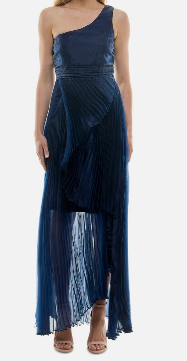 Taylor Women’s Blue Asymmetric One-Shoulder Pleated Organza Gown Dress Size 16
