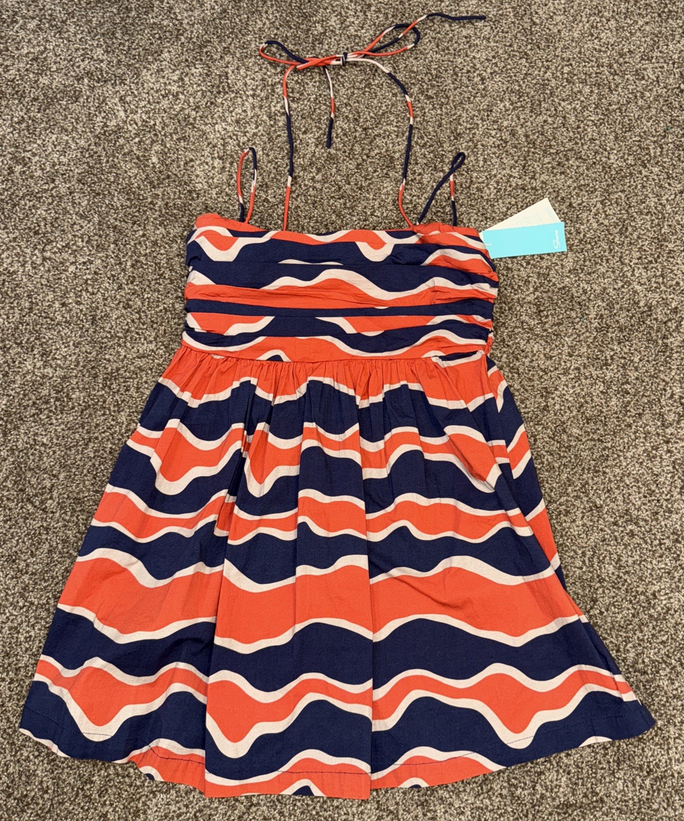 Shore Dress Coral,Tan & Navy Adjustable Strap/Halter- Size M, Zip Back, New,