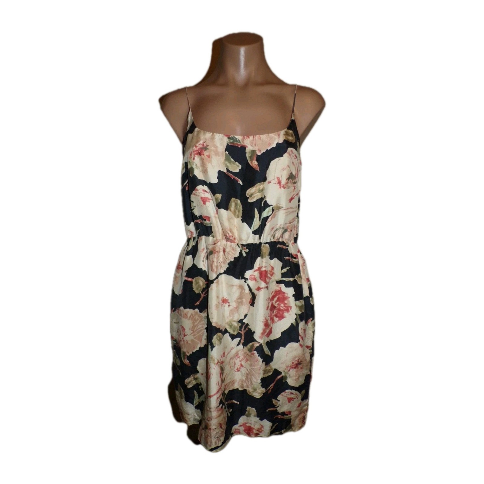 J Crew Black Cream Floral 100% Silk Empire Waist Dress Size 4 Small Sleeveless