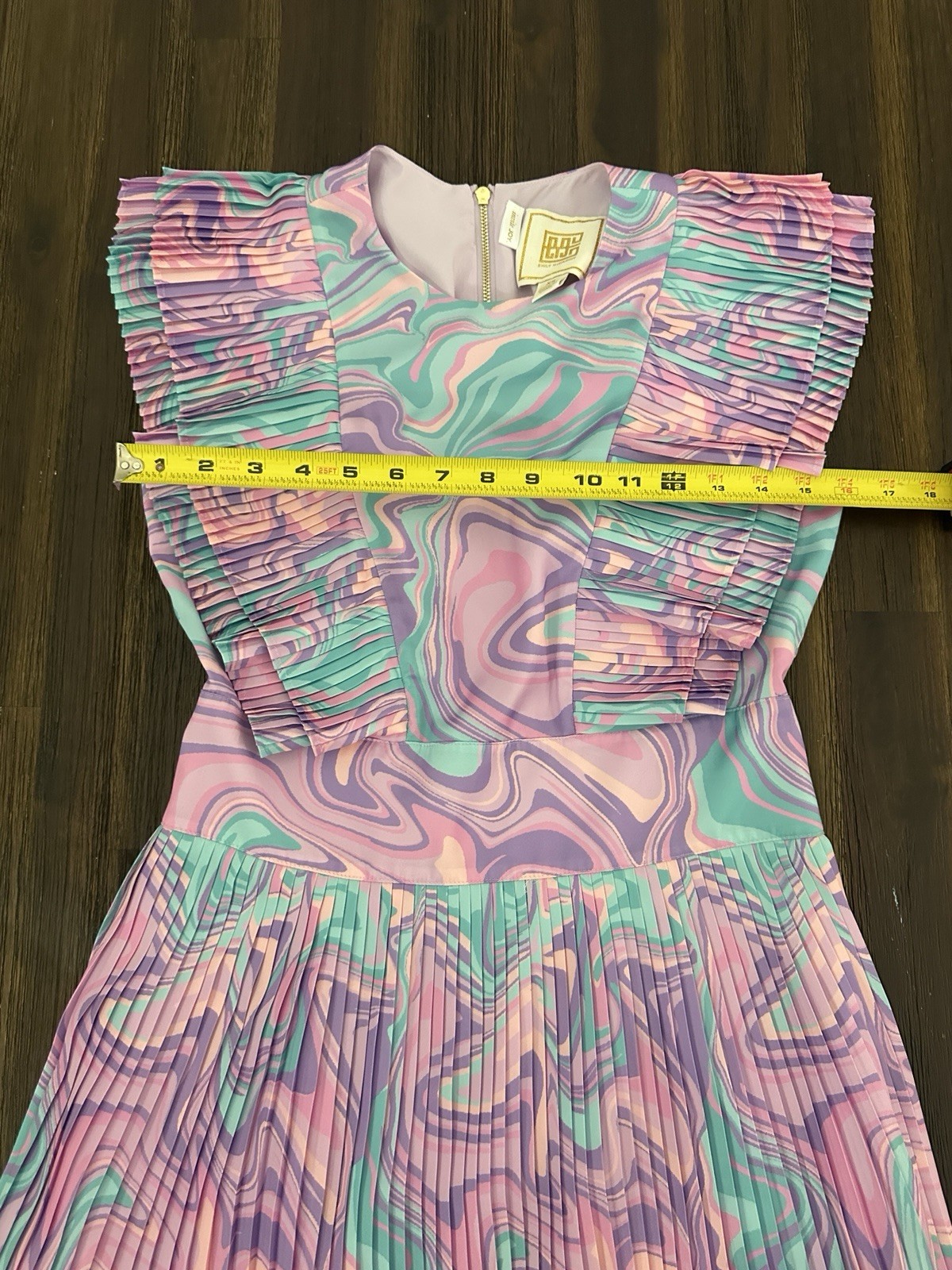 Emily McCarthy Chloe Marble Print Midi Dress XS Pink Blue Pleated Ruffle Preppy