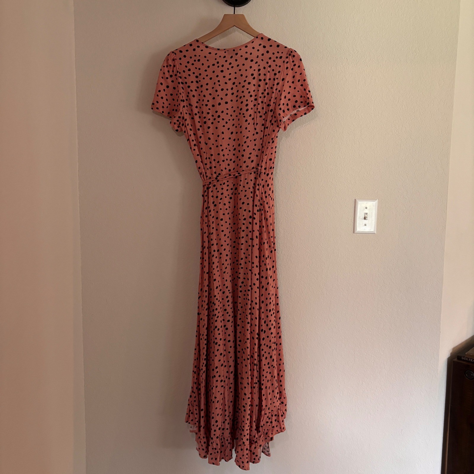 Lira Pink Polka Dot Wrap Dress High Low Ruffle Hem V-Neck M