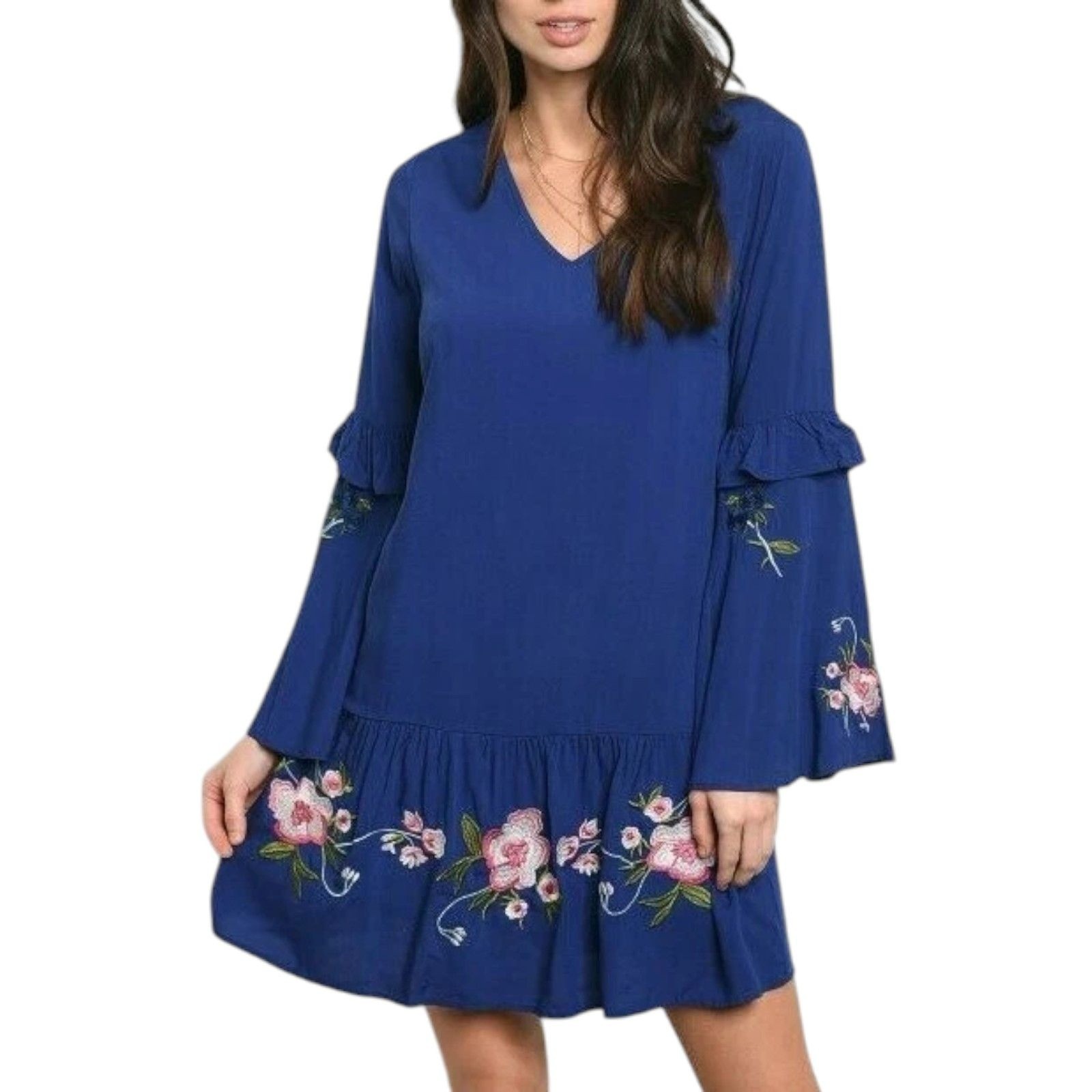 Floral Embroidered Ruffle Hem Mini Dress Tunic Top Bell Sleeves Blue Boho Fairy