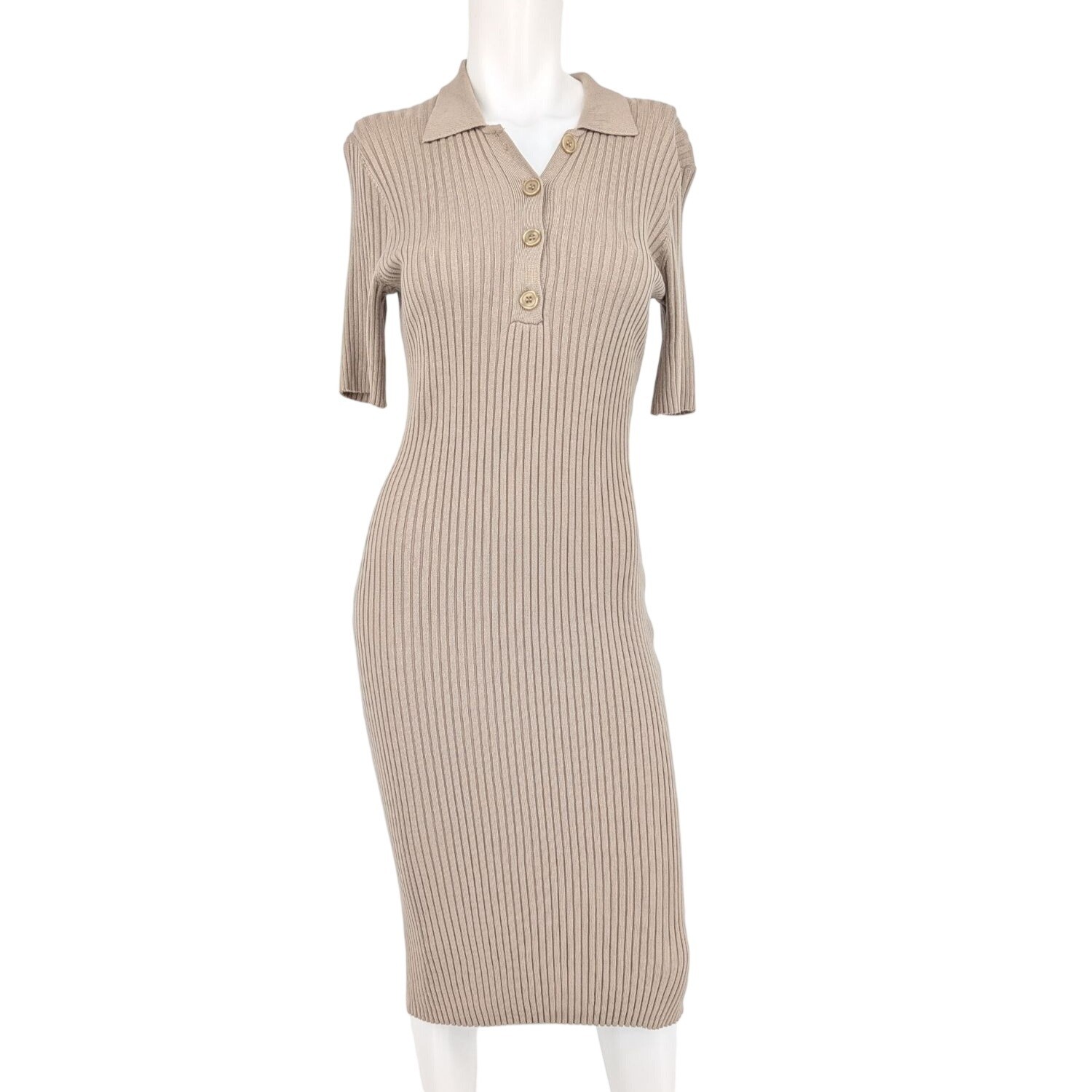 Ribbed Knit Polo Midi Dress Bodycon Minimalist Capsule Stretch Effortless Small