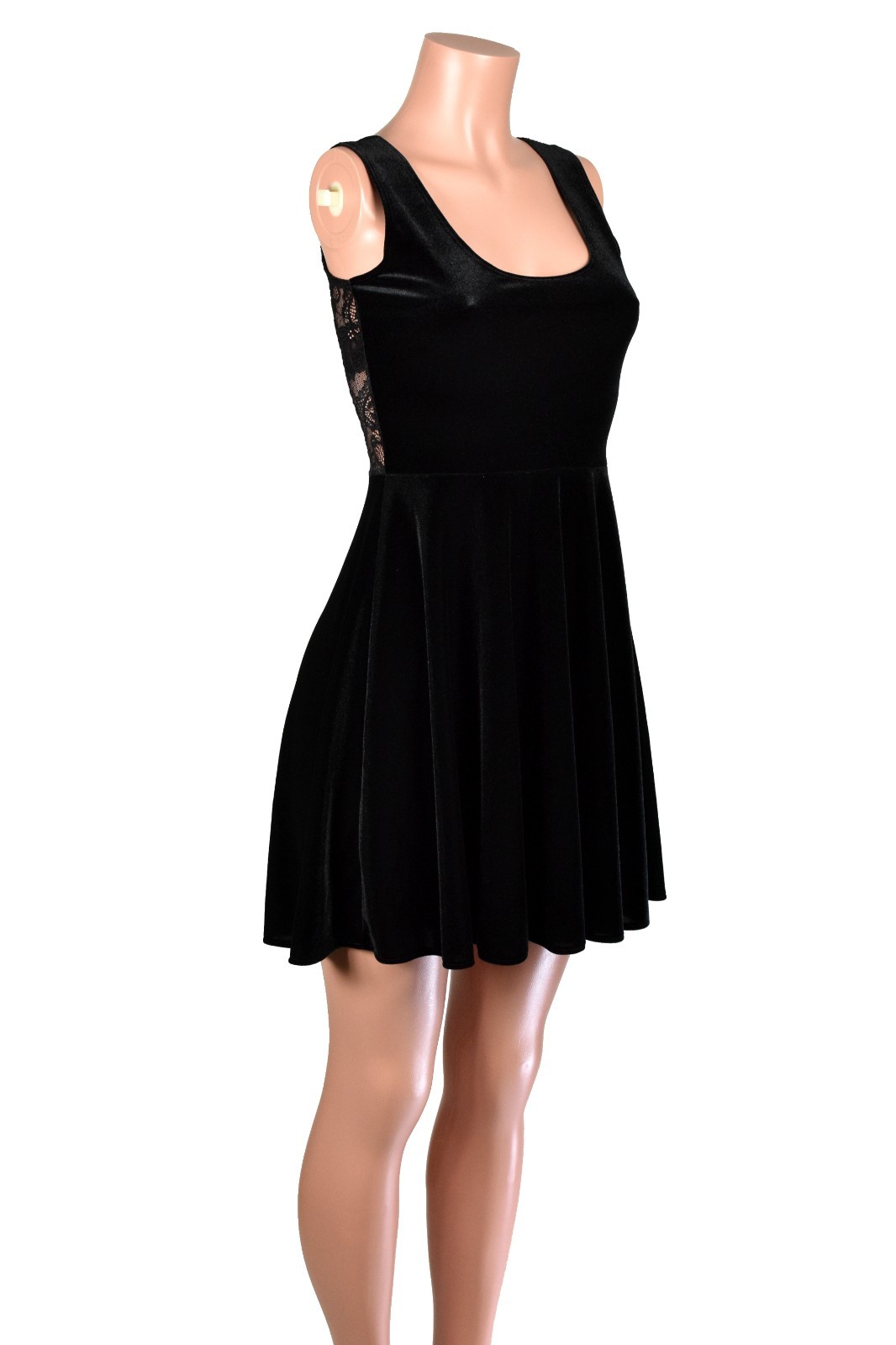 Black Velvet + Lace Sleeveless Skater Dress sheer back gothic plus size XS to 3X