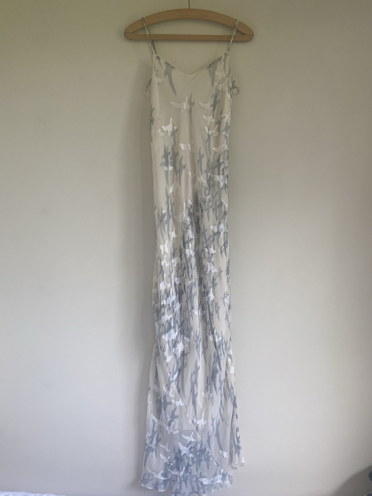 4LoveAndLiberty Small Off White Silk Devore Bird Dove Print Cascading Maxi Dress