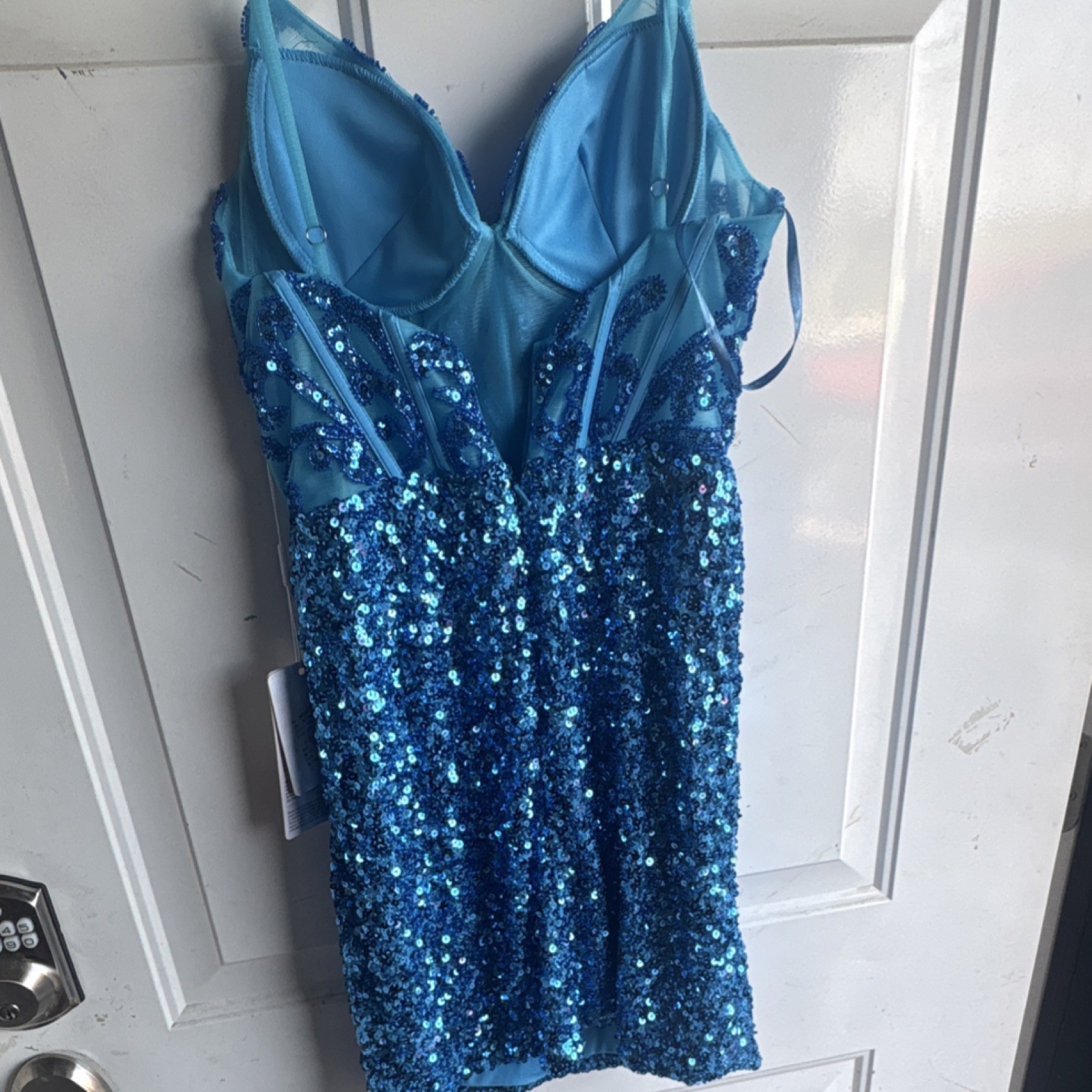STACEES Blue Sequin Mesh Sweetheart Strappy Bodycon Mini Dress Womens Size 0