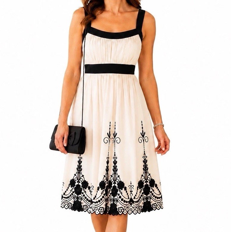 SL Fashions Fit & Flare Empire Waist Midi Dress Women’s 16 Ivory Black + Purse