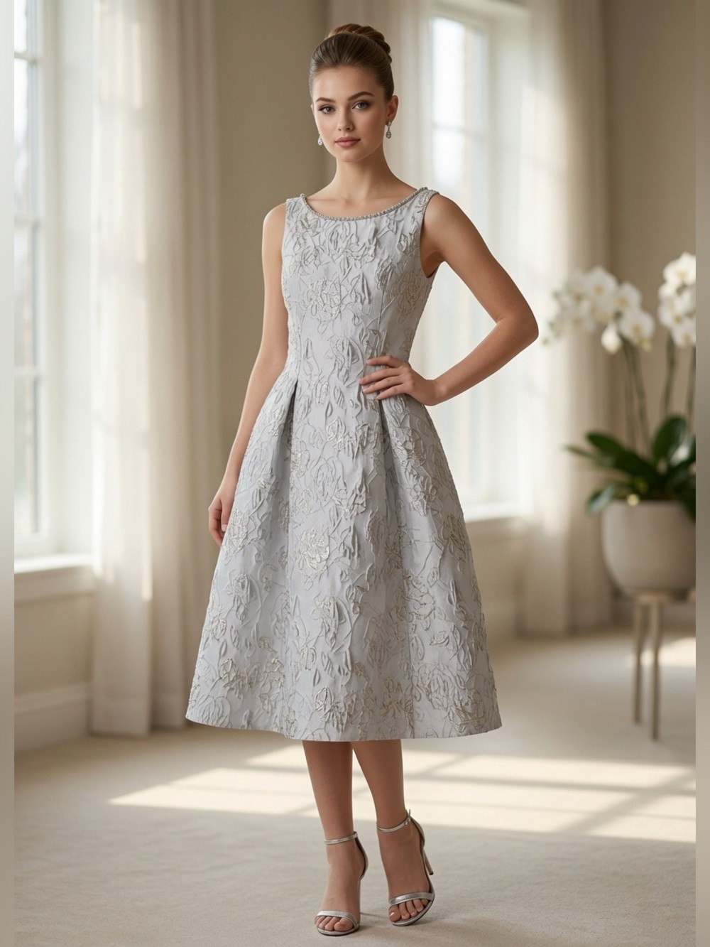 Adrianna Papell Tea Length Jacquard A-Line Dress Silver 8