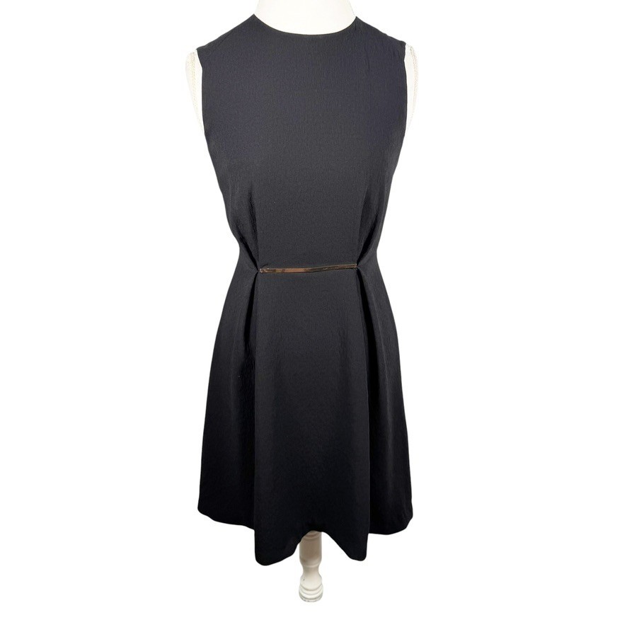 Zara Basic Black Sleeveless Dress Gold Metal Belt Minimalist Career Chic Size S