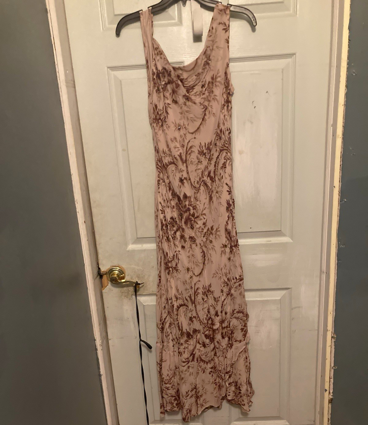 Women’s Satin Slip Maxi Dress Pink/Brown Floral V-Neck Sleeveless Straps S