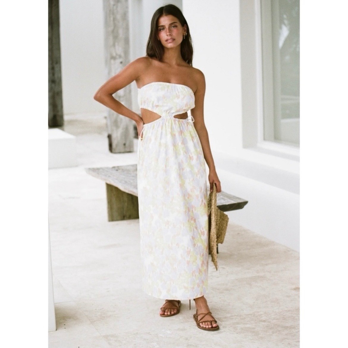 Sabo Skirt Vella Cutout Midi Dress Pastel Abstract Floral Strapless XS