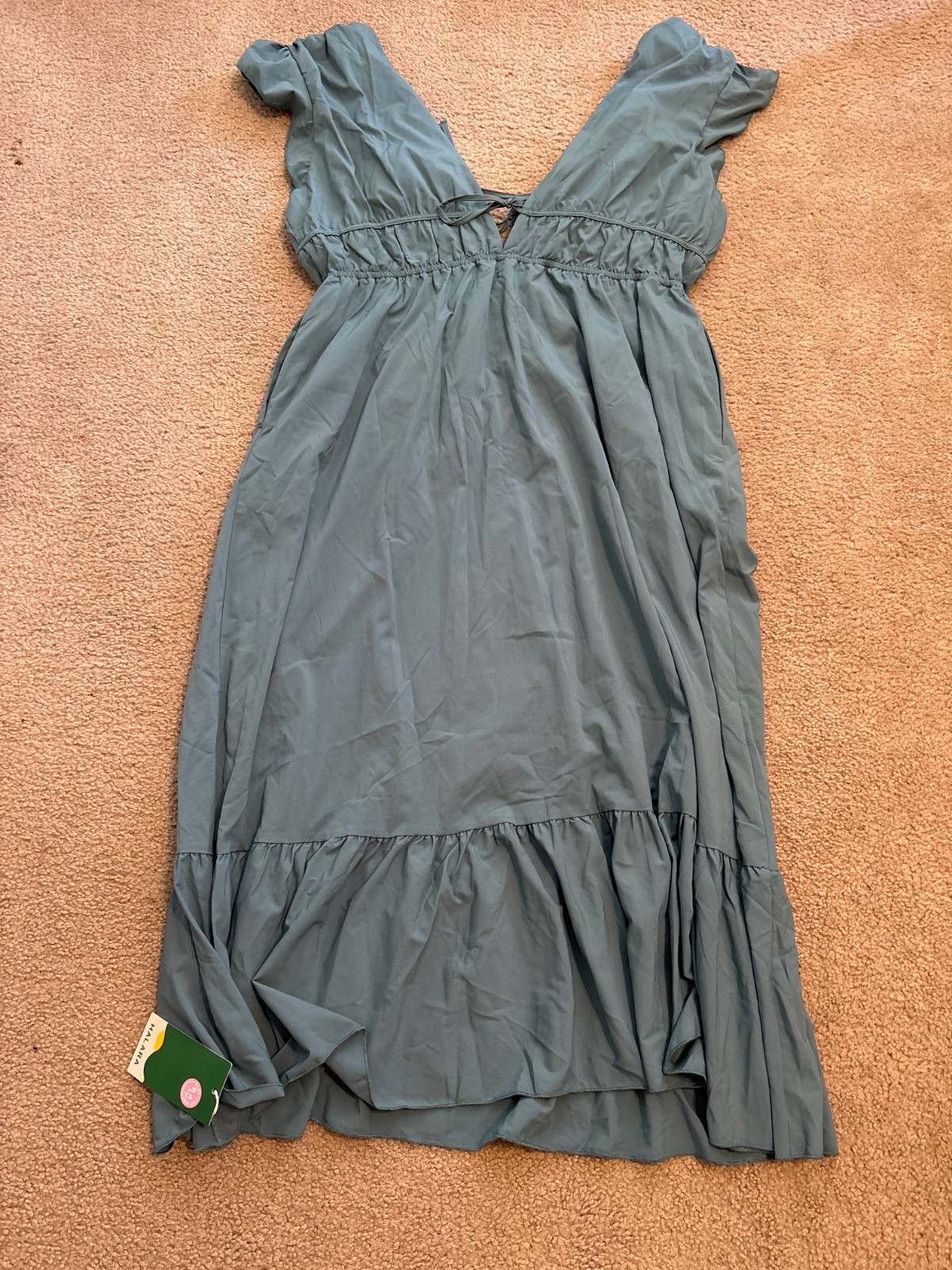 Halara V Neck Butterfly Sleeve Backless Pocket Ruffle Hem Midi Dress, XL, NWT