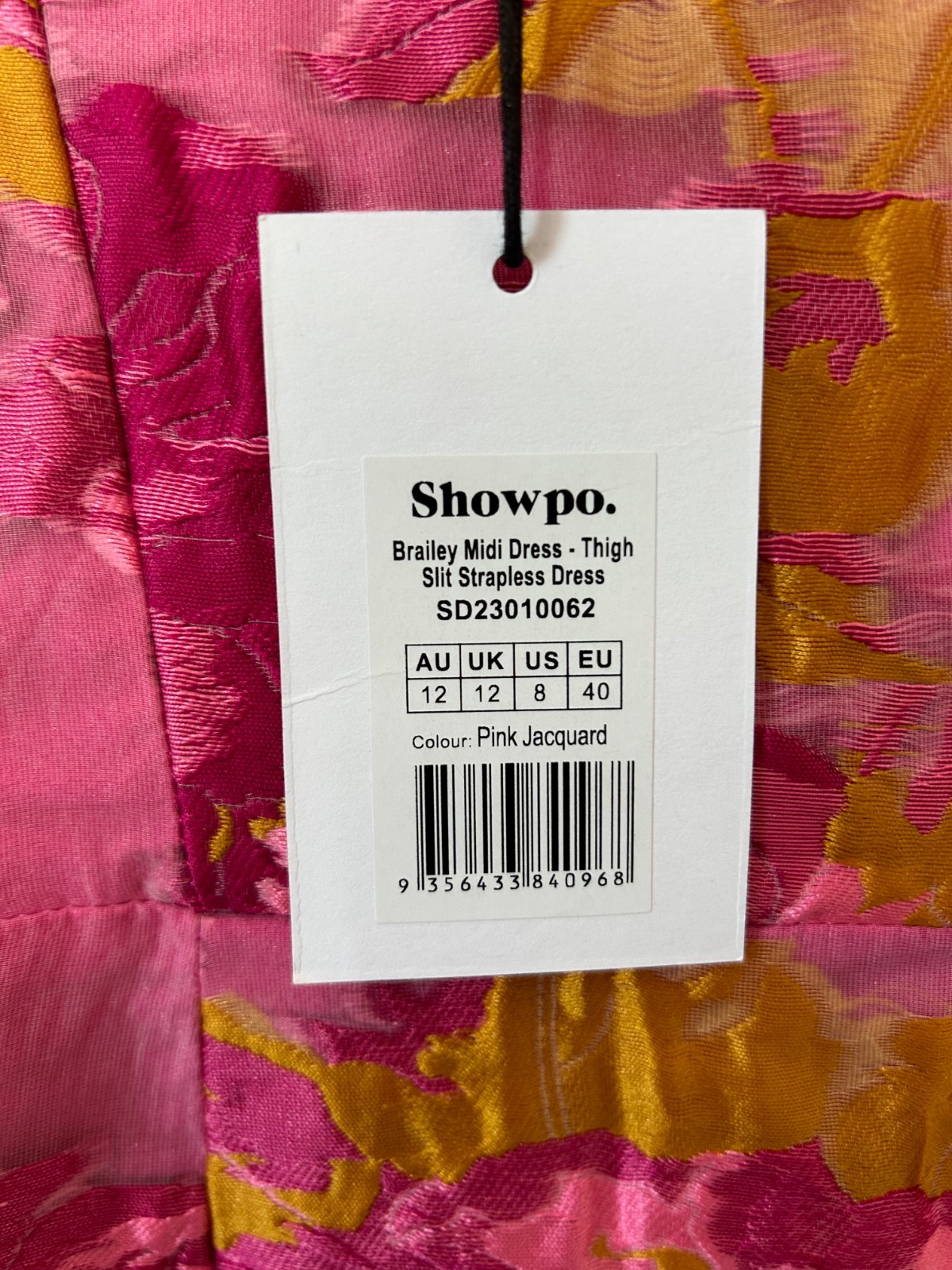 NWT Showpo Brailey Midi Dress Pink Floral Jacquard Strapless Thigh Slit US 8