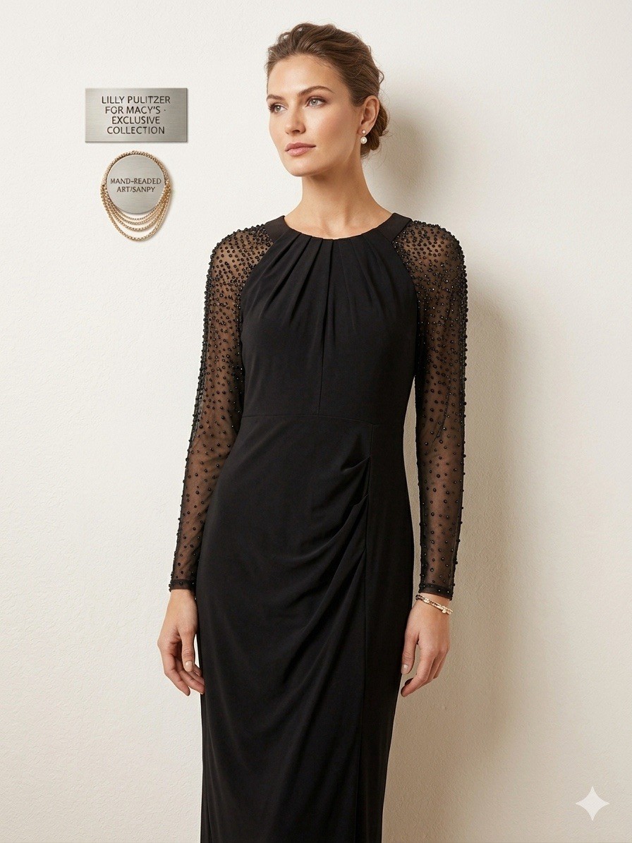B&A by Betsy & Adam Black Beaded Mesh Sheer Long Sleeve Sheath Midi 14W