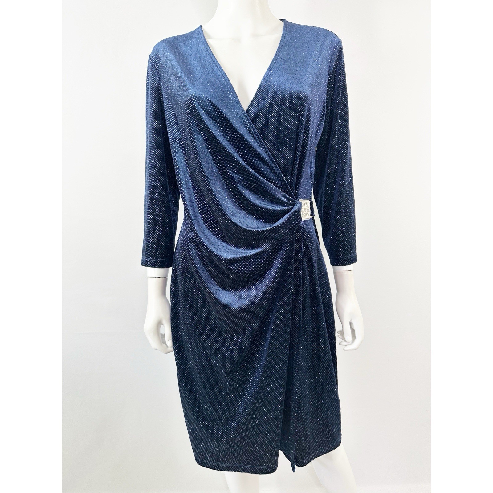 Anne Klein Navy Velvet Faux Wrap Dress Size 12 Rhinestone Buckle Draped Waist
