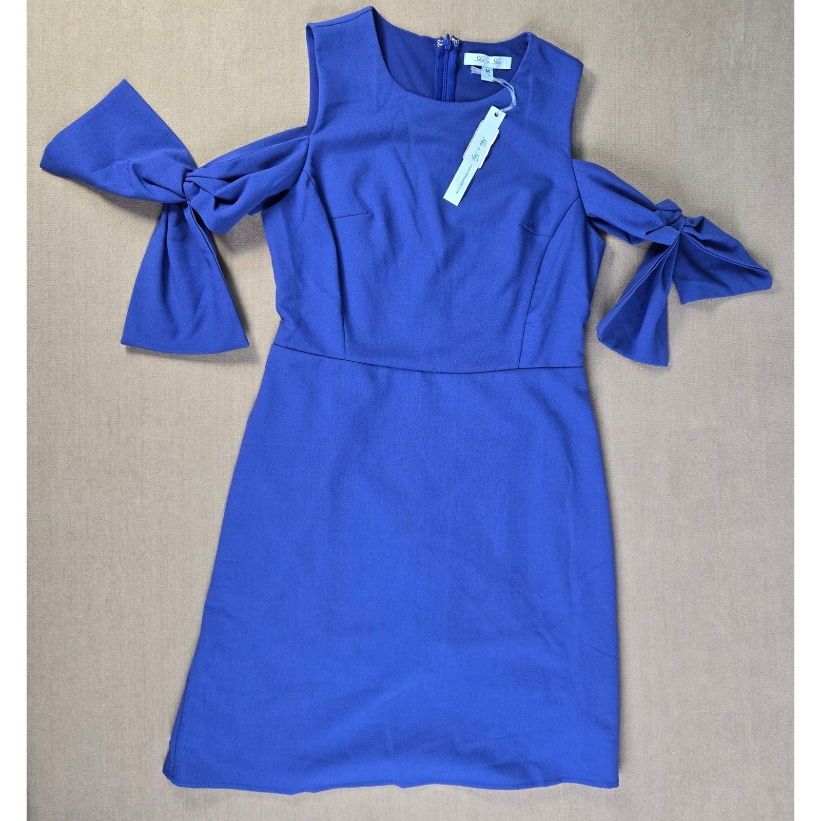 She Sky Cold Shoulder Bow Sleeve Dress Royal Blue Size Medium Midi NEW