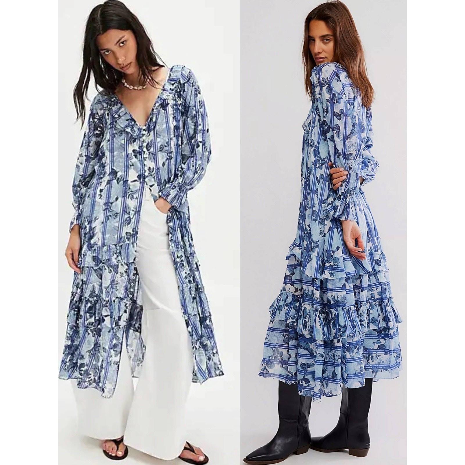 Free People Dainty Ruffle Cottage Garden Wonders Maxi Dress in Blue Combo XL
