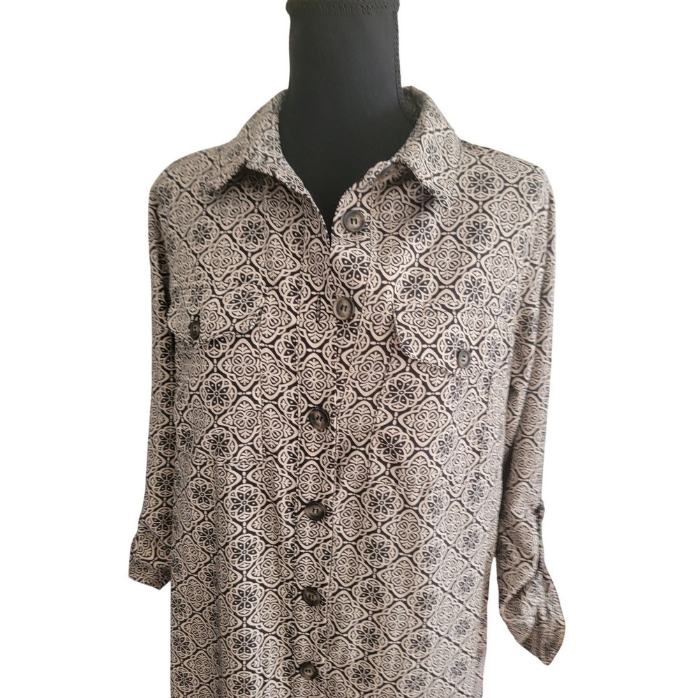 NY Collection Geometric Medallion Print Roll Tab Shirt Dress Tan Black STD1038 M