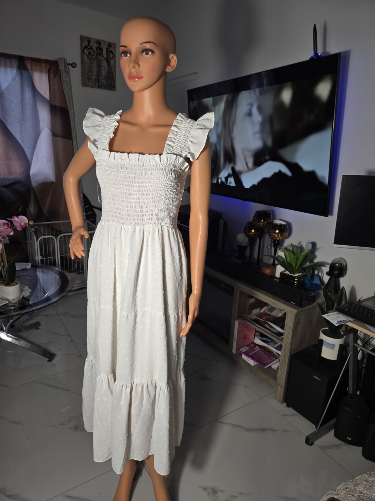 Londontime S White Solid Square Neck Smocked Ruffle Strap Midi A-Line Dress