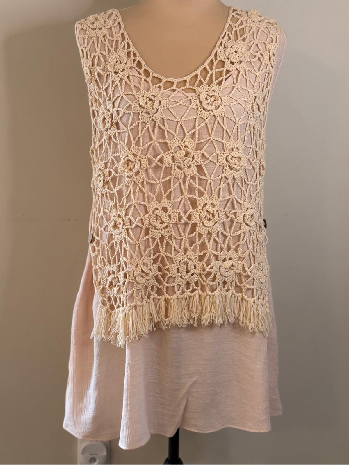 a’ reve pink crochet floral lace dress tunic top tassels SM
