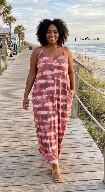New Womens PLUS SIZE RED TIE DYE USA STARS SLEEVELESS MAXI DRESS POCKETS 1X 2X