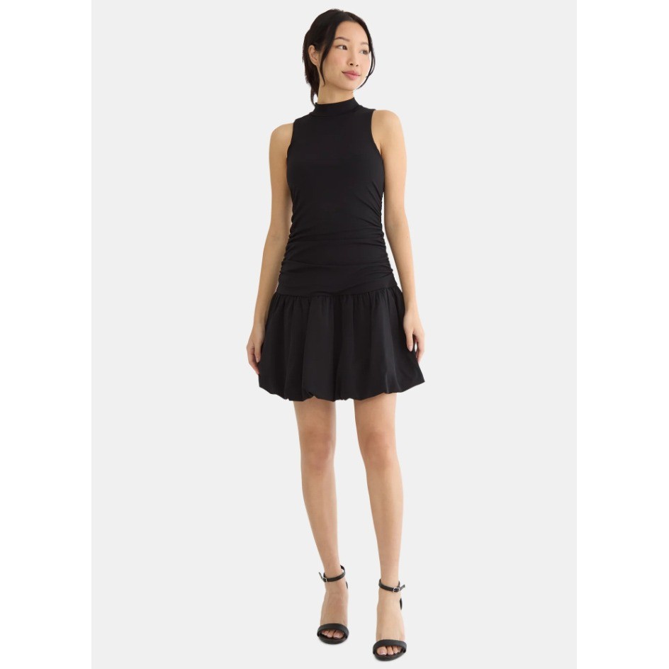 Women Black Mock Neck Ruched Bubble Hem Mini Dress Sleeveless Drop Waist