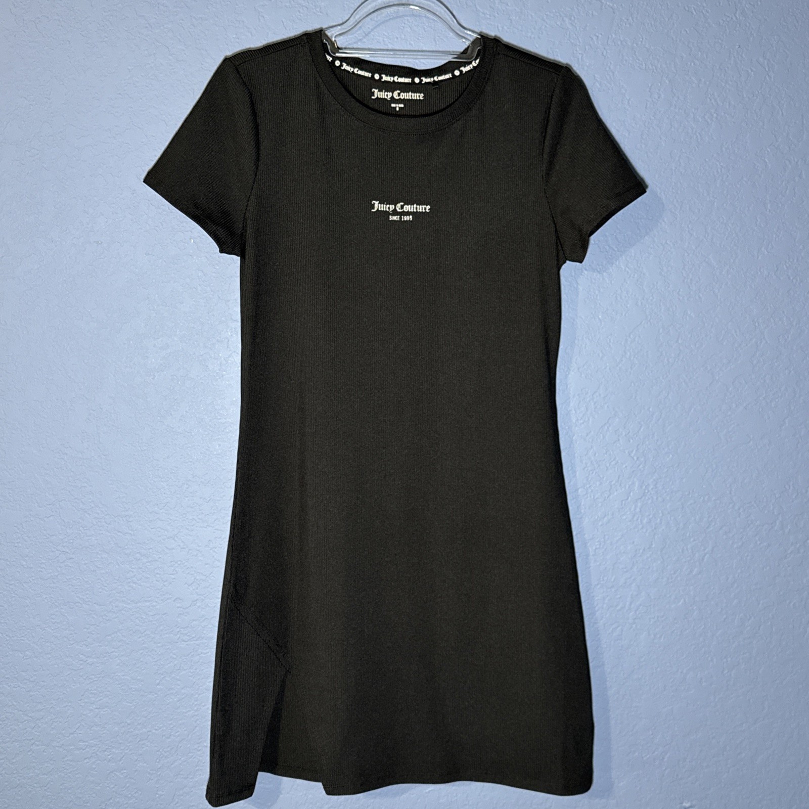 Juicy Couture Black short-sleeve mini dress Size M Front slit Sparkle Writing