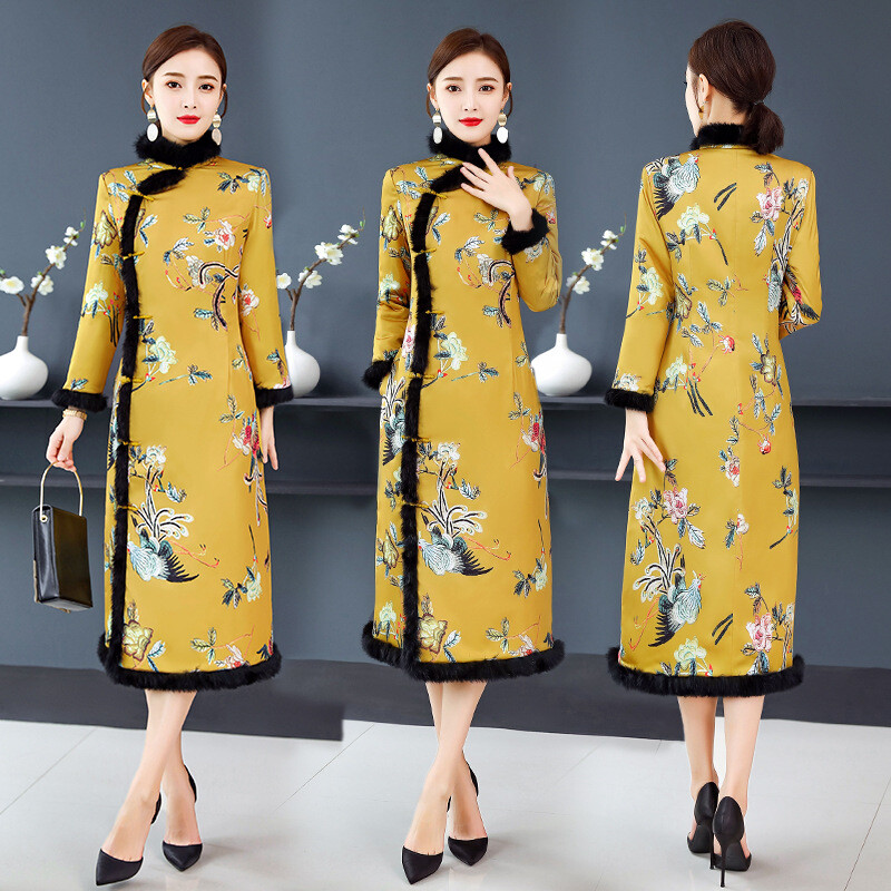 Cheong-Sam Qipao Chinese Cheongsam Dress Traditional Asian Oriental Floral Gold