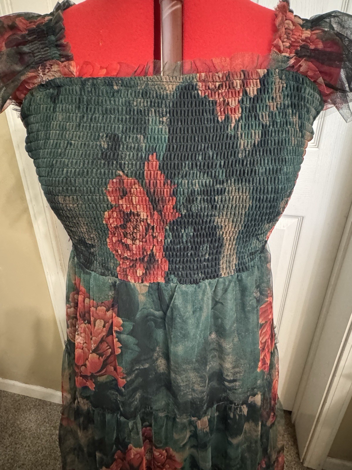 Baltic Born Green Floral Smocked Midi Dress L Tulle Puff Sleeve Cottagecore
